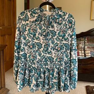 LOFT Peplum Blouse in Blue and Cream with Long Sleeves